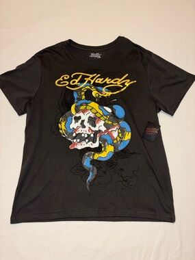 Ed Hardy Black Tee with Yellow Script & Multicolor Skull Snake Graphic